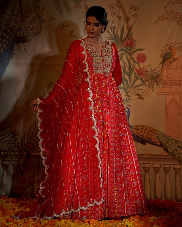 Aayushi Maniar - Red Crepe Silk Patola Print Anarkali With Dupatta Set