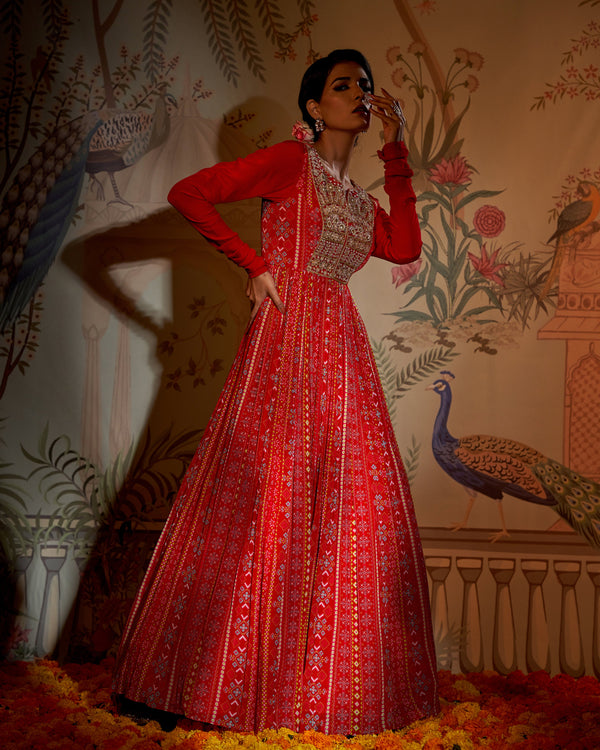 Aayushi Maniar - Red Crepe Silk Patola Print Anarkali With Dupatta Set