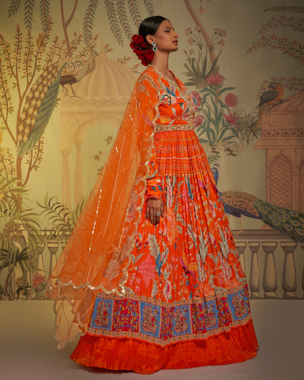 Aayushi Maniar - Orange Crepe Silk Printed Anarkali Lehenga Set