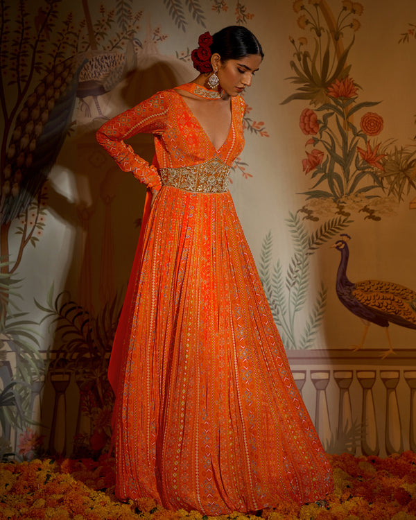 Aayushi Maniar - Orange Crepe Silk Patola Print Anarkali With Dupatta Set