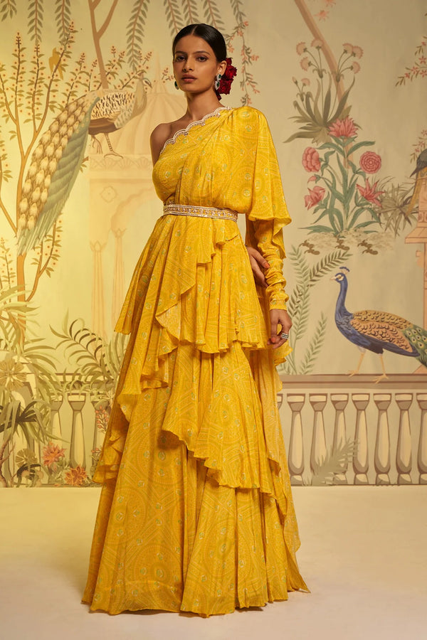 Aayushi Maniar - Yellow Bhandhini Frill Saree Set