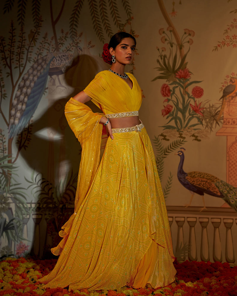 Designer red and yellow lehenga choli with bandhani dupatta – Monalisa  Sarees