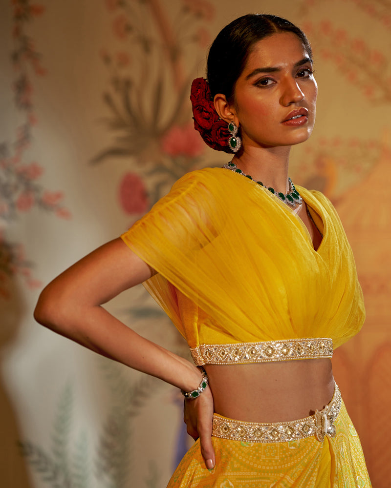 Tiana Yellow Colour Embroidered Choli With Multi Colour Bandhani Lehen –  Studio East6