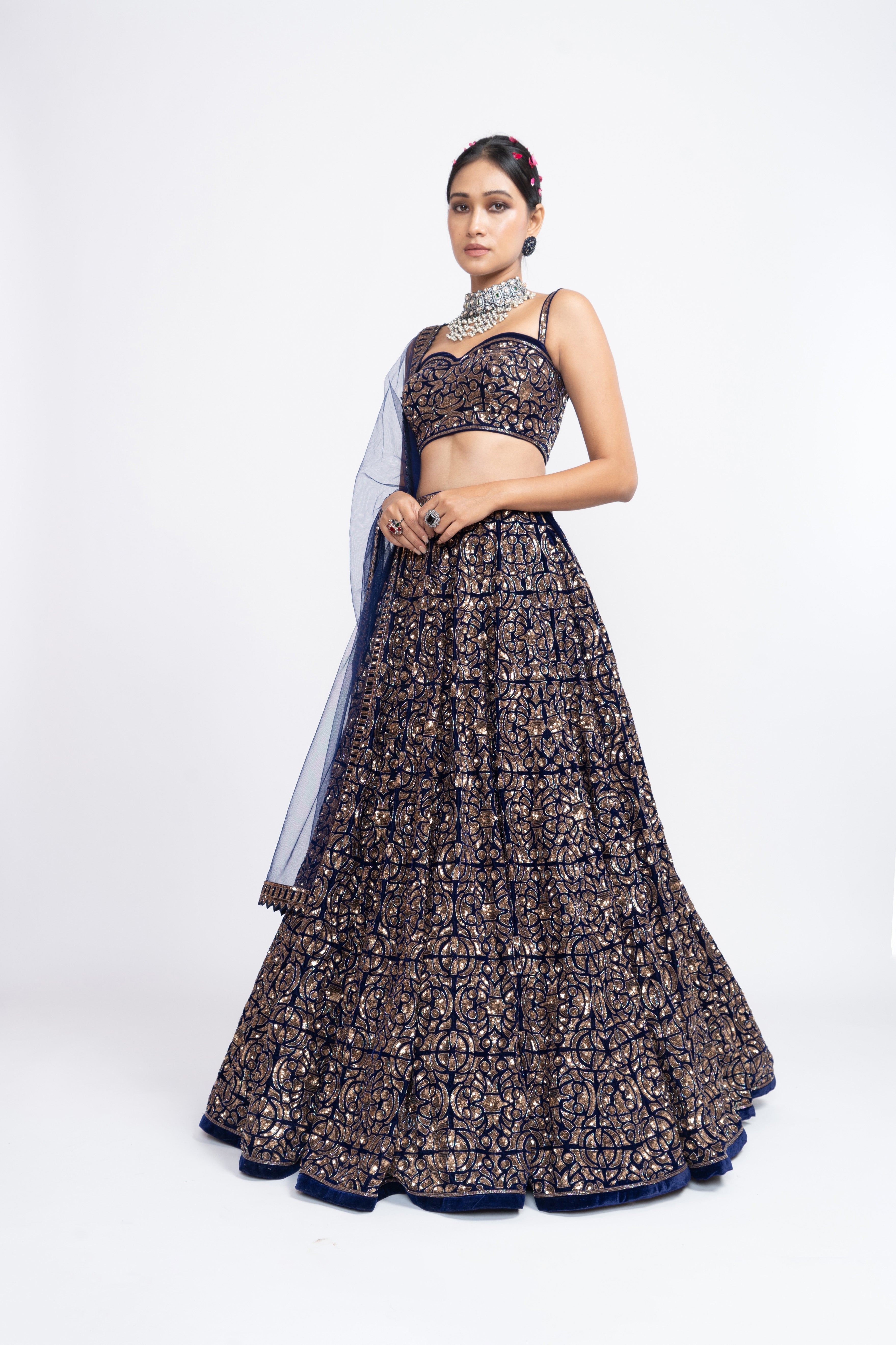 Vvani Vats - Navy Blue Fully Embroidered Corset Lehenga Set