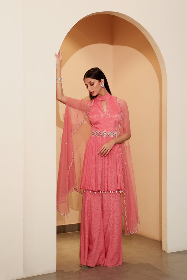 Vidushi Gupta - Arushi - Punch Pink Chiffon & Net Pant Set