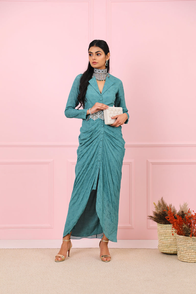 Vidushi Gupta - Kira - Teal Blue Hand Embroidered Maxi Dress