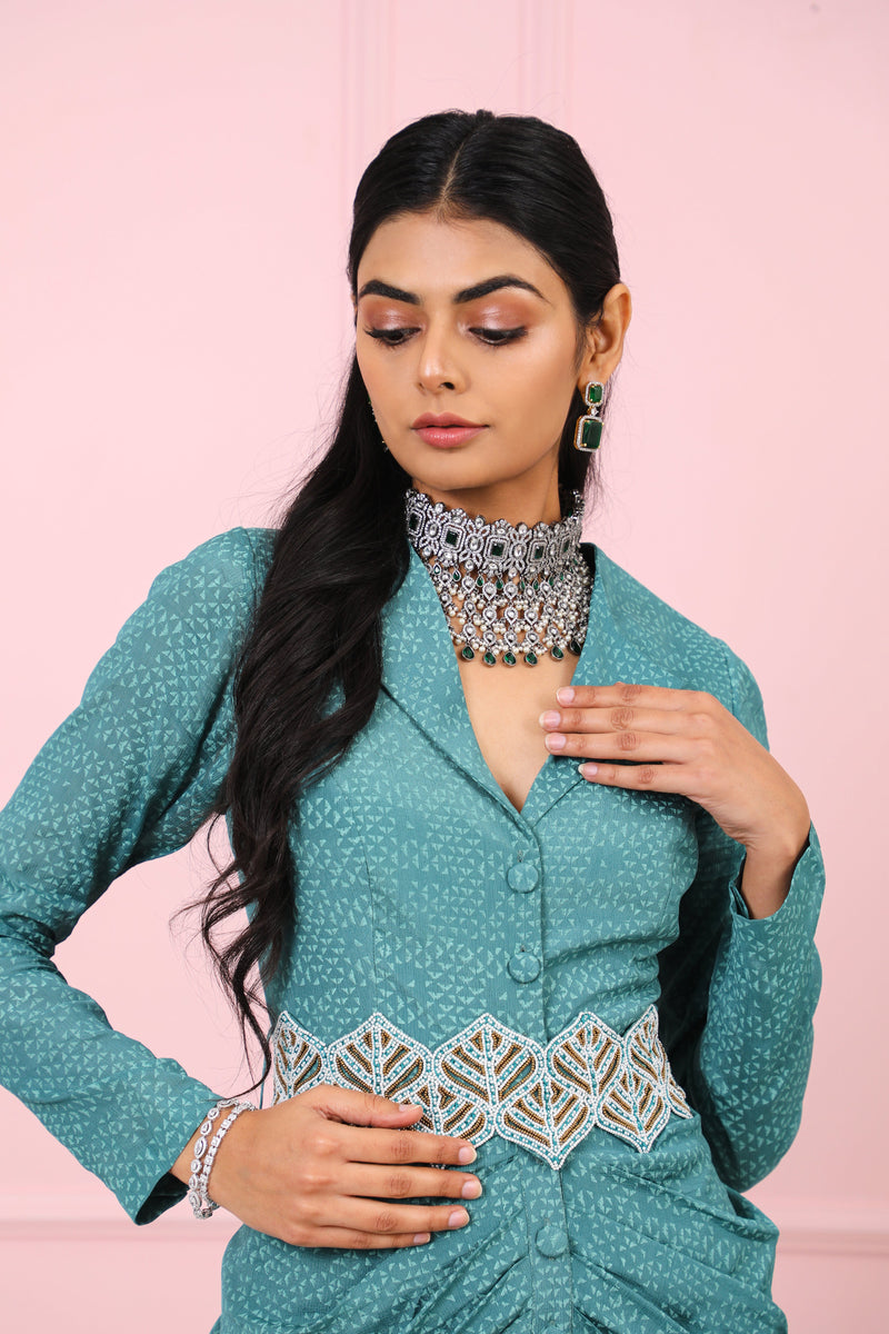 Vidushi Gupta - Kira - Teal Blue Hand Embroidered Maxi Dress