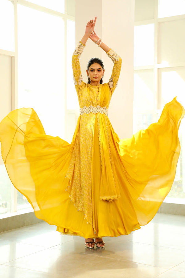 Vidushi Gupta - Dyuti - Canary Yellow Hand Embroidered Anarkali Set