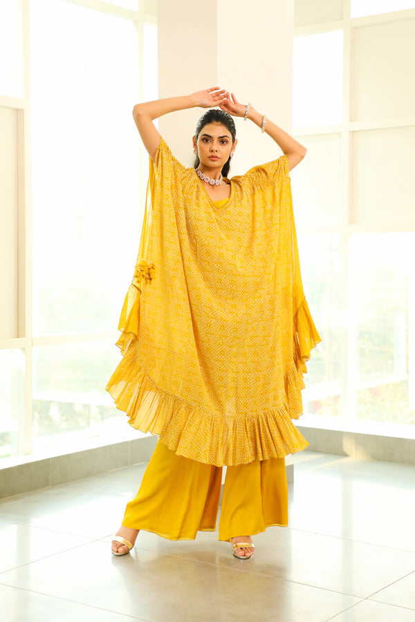 Vidushi Gupta - Rhyah - Canary Yellow Geometric Printed Kaftan Set