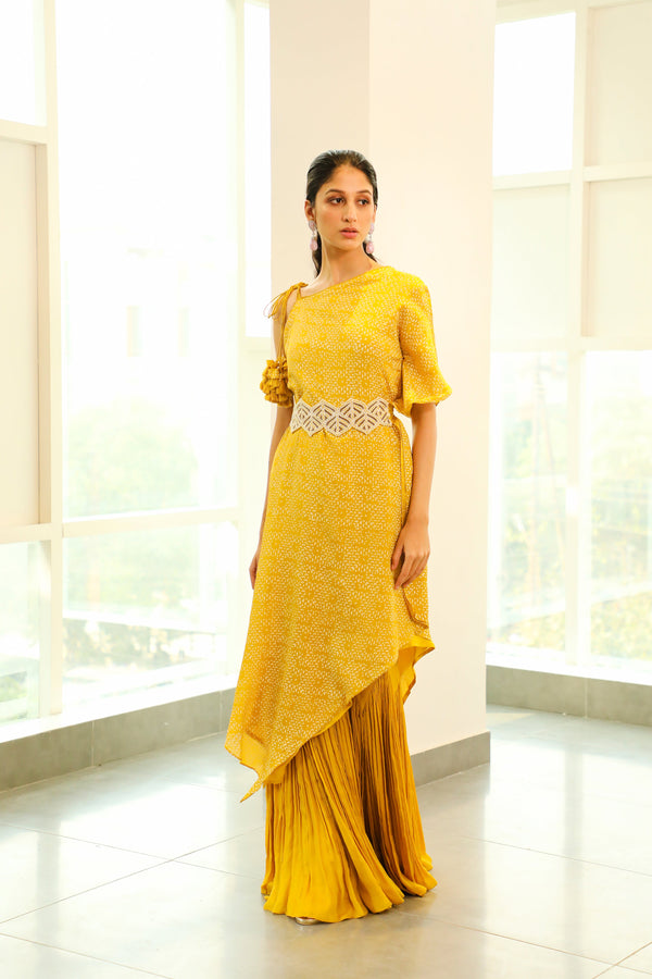 Vidushi Gupta - Saavi - Canary Yellow Chiffon Cape Set With Belt